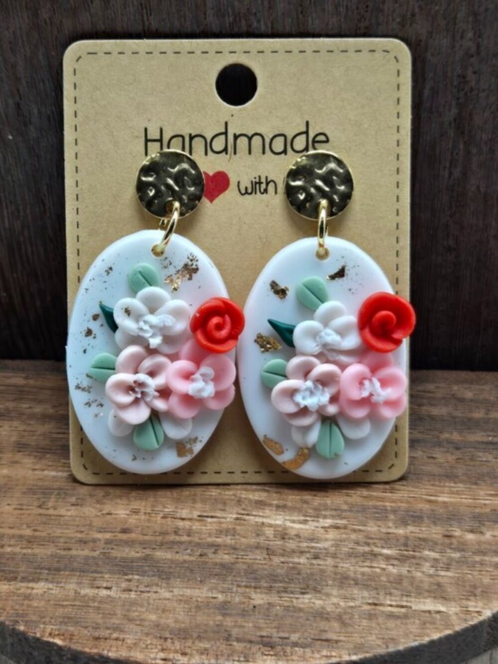 NWT Floral Polymer Clay Earrings Pierced Oval Gold Accent Handmade Cottagecore